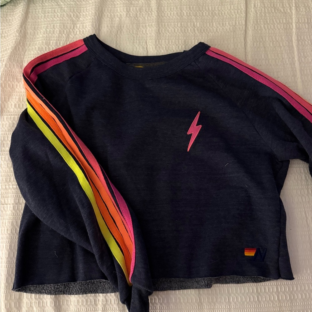 Aviator Nation Sweatshirt with Rainbow Stripes and Lightning Bolt